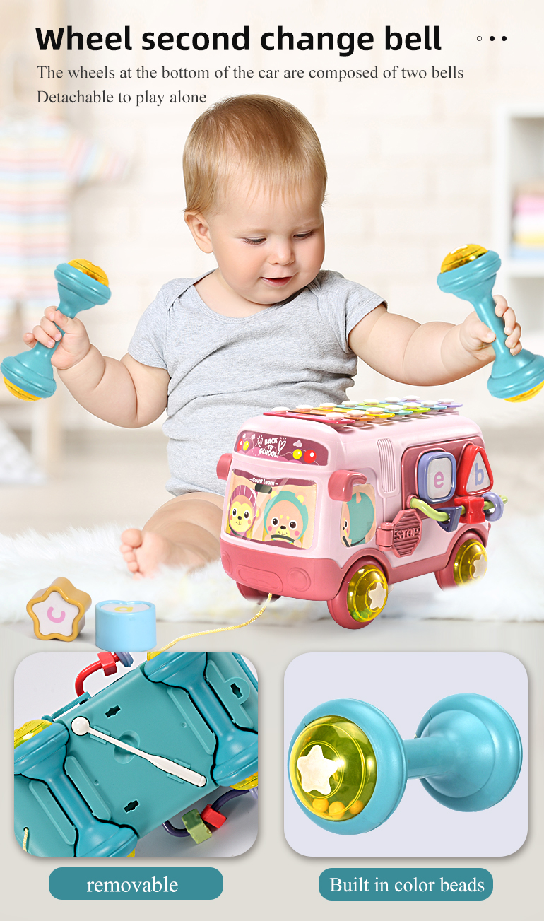 Multifunctional baby educational sliding cartoon toy musical instrument piano knocking xylophone bus