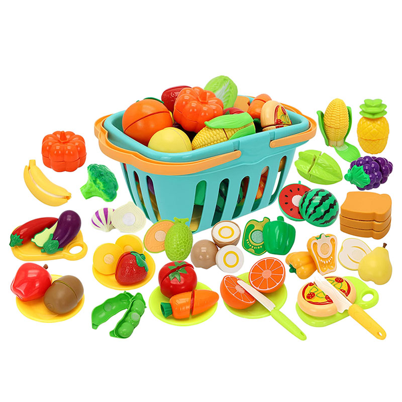 70 PCS Cutting Play Food Toy set for Kids girls Kitchen Pretend Fruit &Vegetables Accessories with Shopping Storage Basket