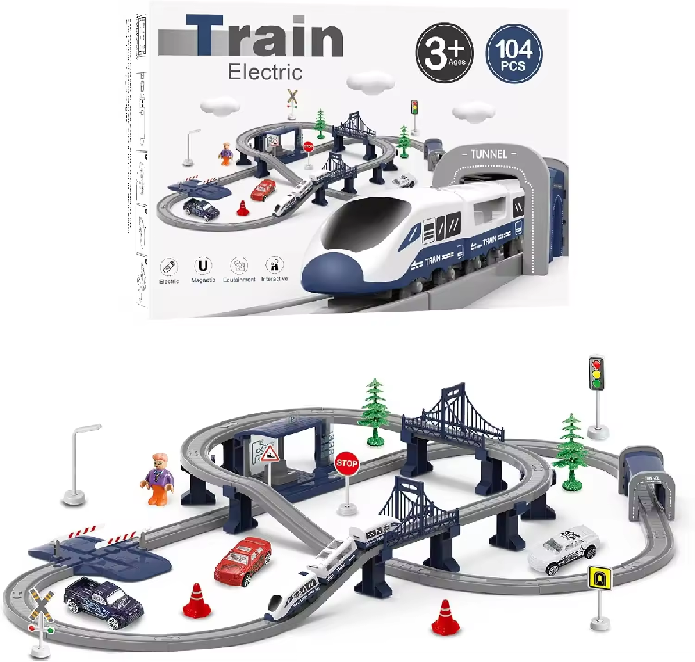 104PCS Train Set Electric On Track Assembly Electric Railway Train Track Toys