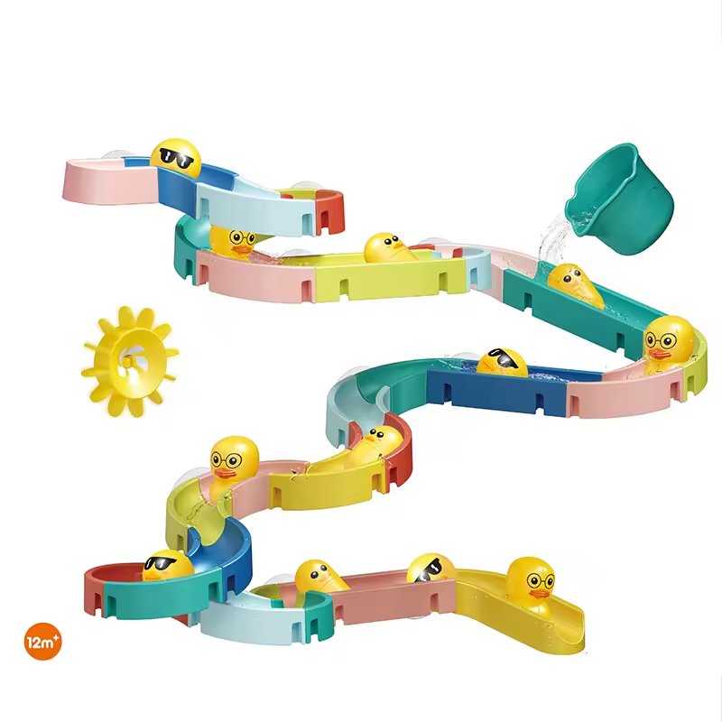 Creative Building Block Set Baby Duck Bath Wall Sucking Track Slide Plastic Rolling Ball Toy for Toddlers Assembled in Bathroom